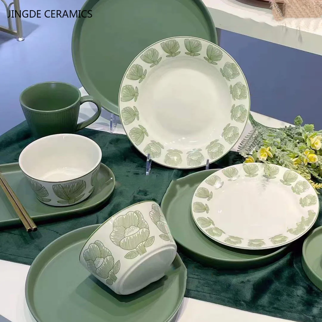 

Exquisite Ceramic Dinner Plates Household Porcelain Noodle Bowl Western Steak Plate Salad Dishes Nordic Kitchen Accessories