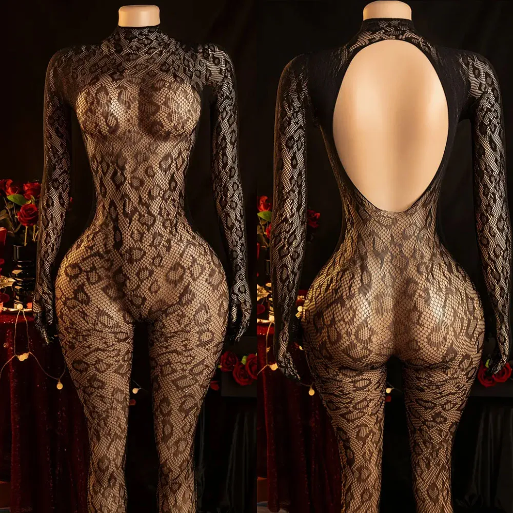 

Elegant Leopard Print Sheer Bodysuit - High Nylon Lingerie for, Long Sleeve, High Elasticity Full-Body Fishnet Design