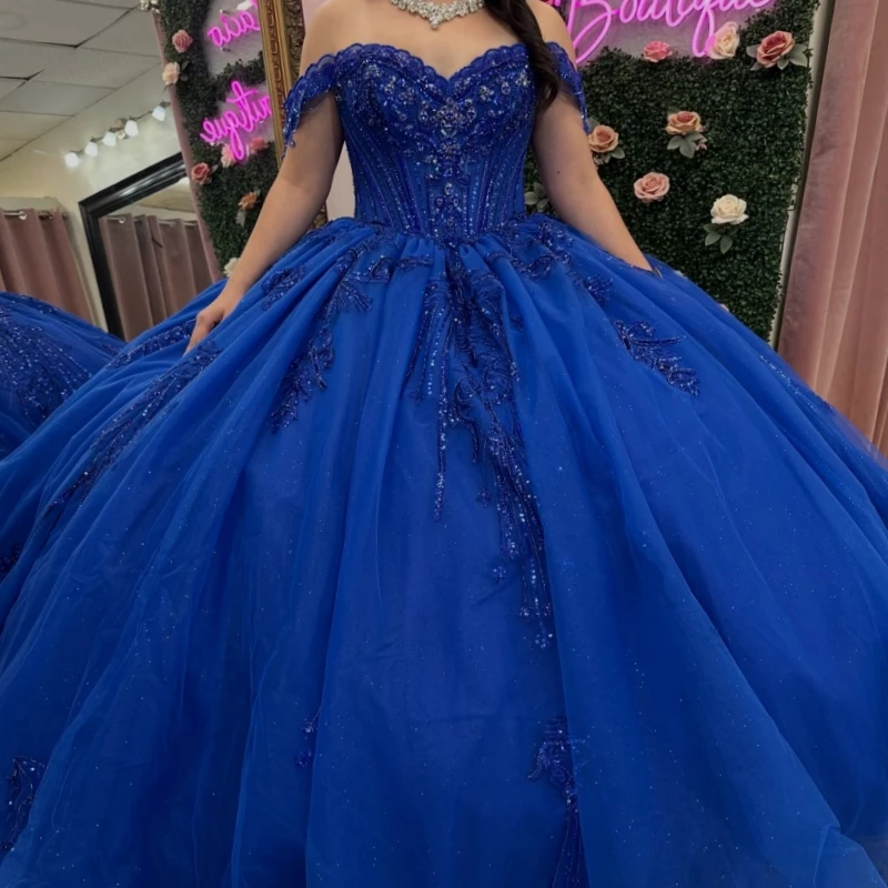 

Royal Blue Shiny Ball Gown Quinceanera Dresses Applique Lace Beading Crystal Tull Corset Off Shoulder Sweet 16 Dress Vestidos 15