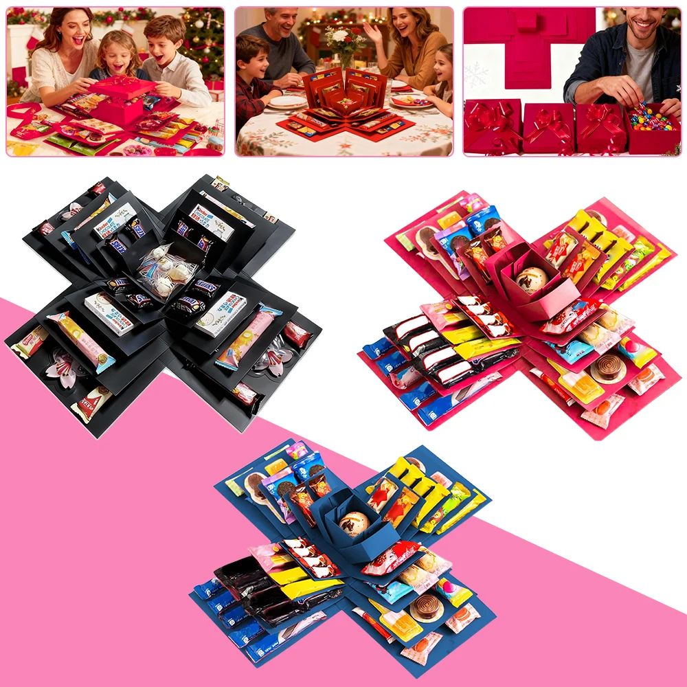 5-lagige Überraschungs-Geschenkbox, faltbare Aufbewahrungsbox mit mehreren Fächern, einfach zu montierende DIY-Geschenkbox für Fotos und Snacks, 23x23x14,8cm große Größe, erhältlich in Blau, Rot und