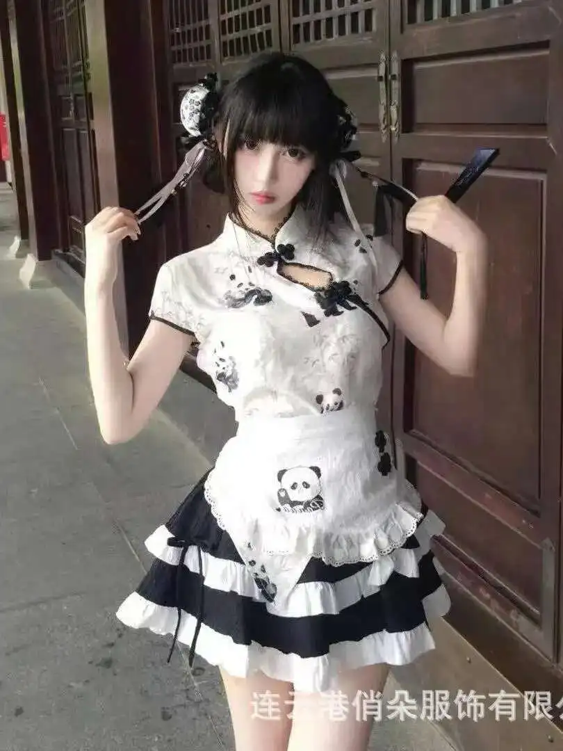 สาวน่ารักใหม่สไตล์จีน PANDA พิมพ์เอวสูงกระชับสัดส่วนพัฟเค้กกระโปรงแม่บ้านชุดผ้ากันเปื้อน Elegant สวย JQSM