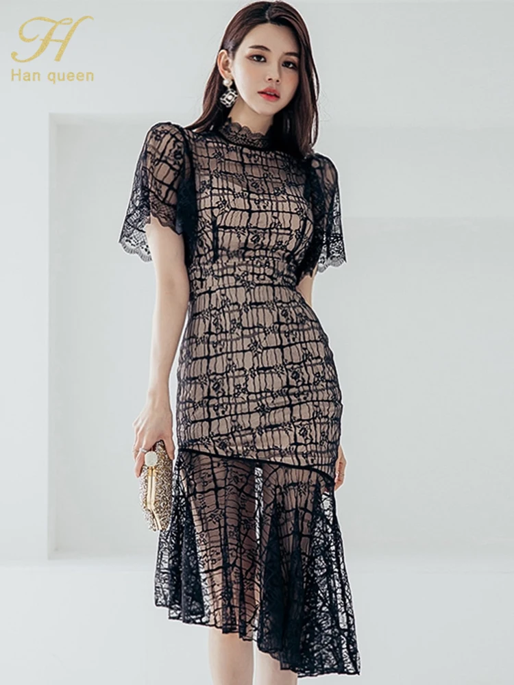 H Han Queen New Summer Elegant Sexy See Through Lace Dress Women Korean Irregular Sheath Mermaid Dresses Simple Party Vestidos