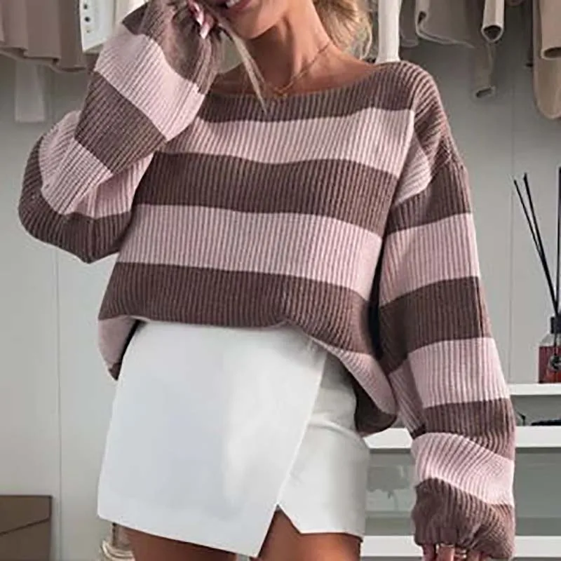 

New 2025 Striped Knitted Pullover Sweater Women's Casual O Neck Long Sleeved Sweater Office Lady Fashion Loose Warm Sweater Top
