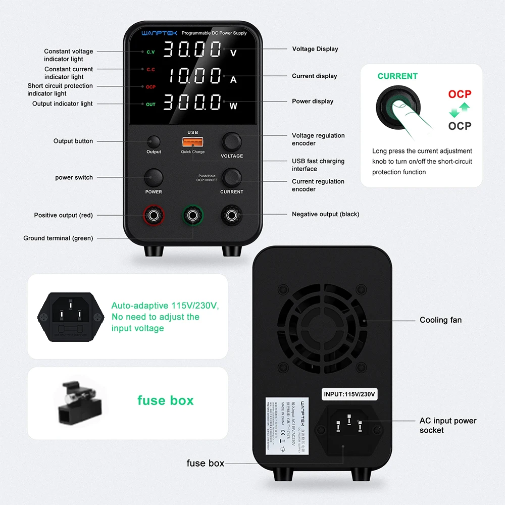 Wanptek DC Power Supply 30V 10A 60V 5A 120V 3A Adjustable Laboratory Power Supply with USB fast Charging Bench Power Supplies