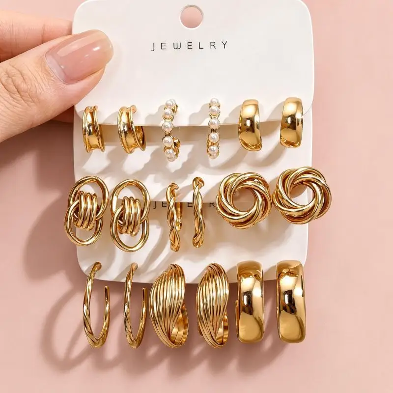 3/9 Pairs Women Assorted Golden Earrings Set Pearl Stud Twisted Hoop Drop Earrings for Date Party Fashion Accessories