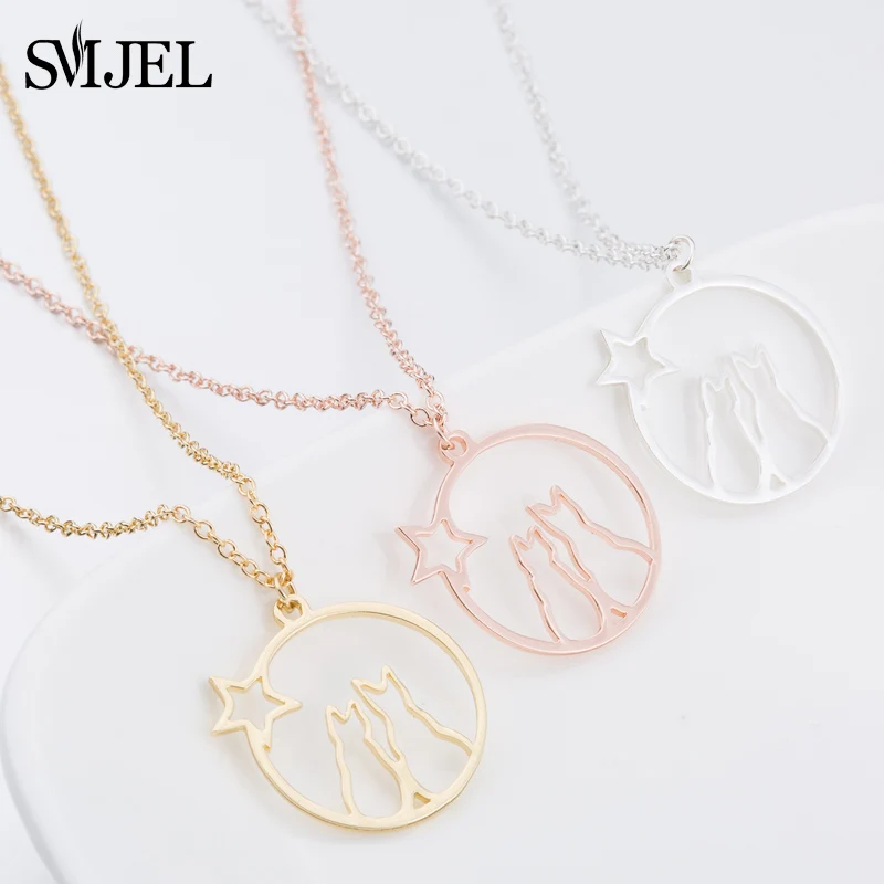 SMJEL Cute Animal Cat on Moon Pendants Necklaces for Women Collares Hollow out Animal Necklace Ketting Jewelry Colier Femme 2025