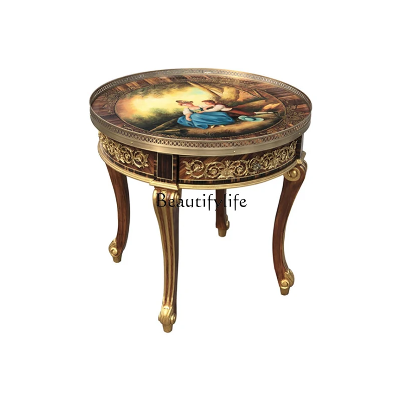 

European luxury gold foil painted round table French court solid wood carving pure copper villa living room corner table