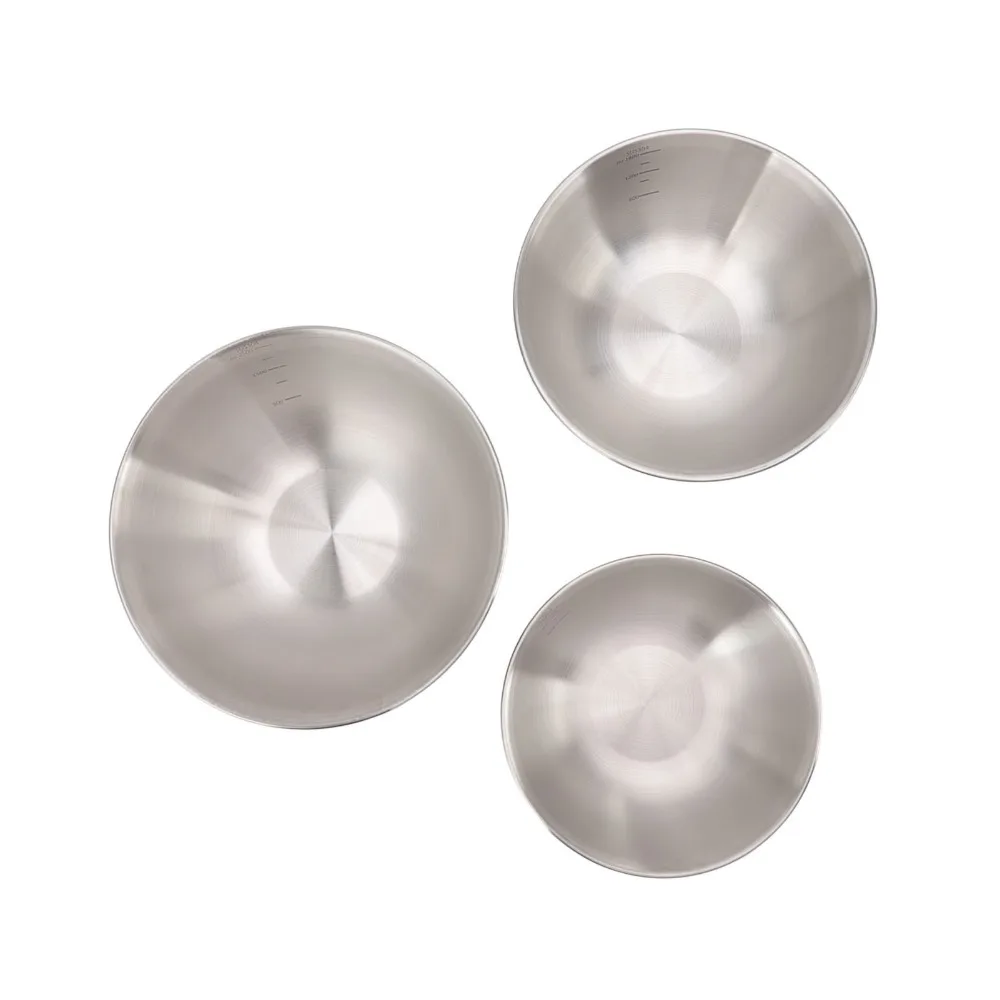 3Pcs Rustless Steel Serving Bowls Inner Etched Measurement Scale Deep Round Bowl Food Grade Bowls Smooth Polished Thickened