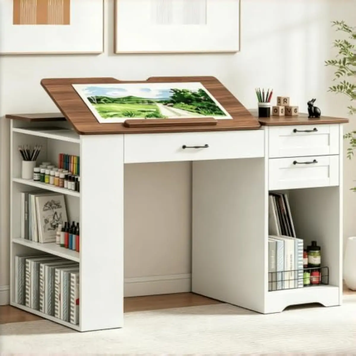 Adjustable Drafting Desk with 3-Tier Open Shelves, Storage Cabinet & Triple Drawers, White Art Deco Style Workstation for Painti