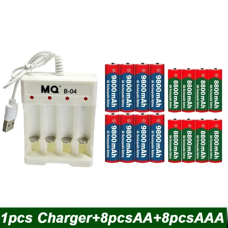 New 1.5V Rechargeable Battery, AAA 8800Mah+AA 9800 Mah, Plus Charger Set Alkaline Technology, Suitable for Remote Control,shaver