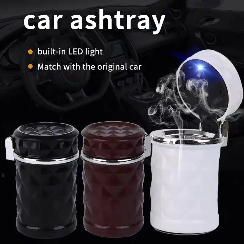 New Portable Car Ashtray With LED Light Fireproof ABS Diamond Cut Design For Home Travel Use