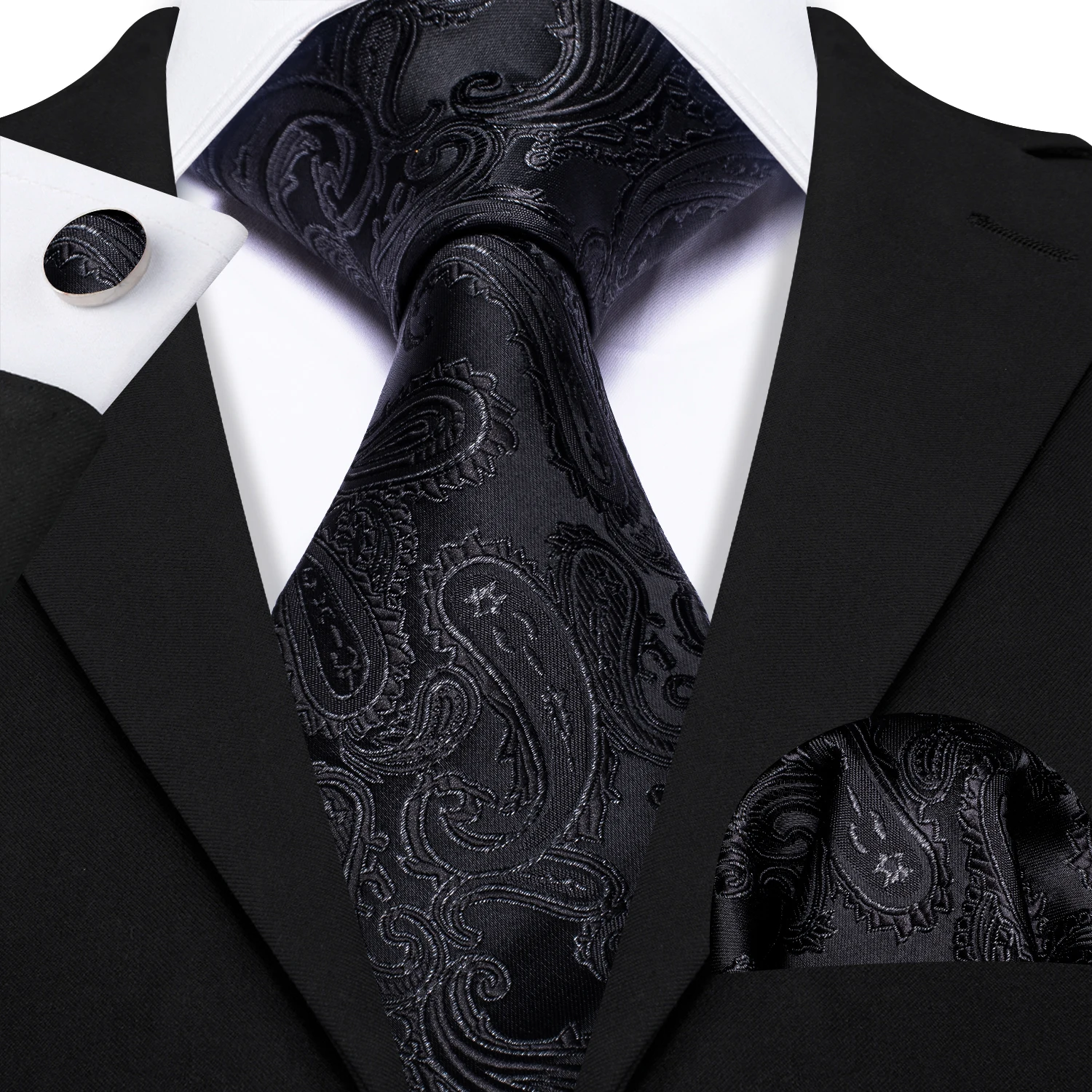 Business-Krawatten in Schwarz für Herren, klassisch, einfarbig, hochwertig, gewebtes Einstecktuch, Manschettenknöpfe, Sets für Partys, formell, Designer Barry. Seide Wang – Detail 9
