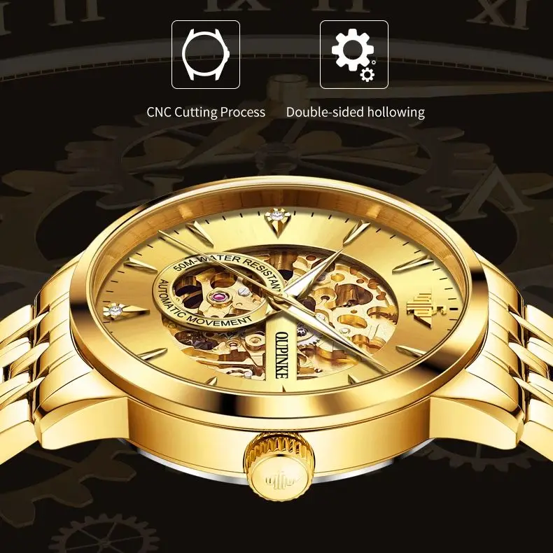OUPINKE 3308 ساعة رجالية ذهبية مجوفة مستوردة بحركة يابانية للرجال ساعة أوتوماتيكية فاخرة مقاومة للماء ساعة ميكانيكية للرجال