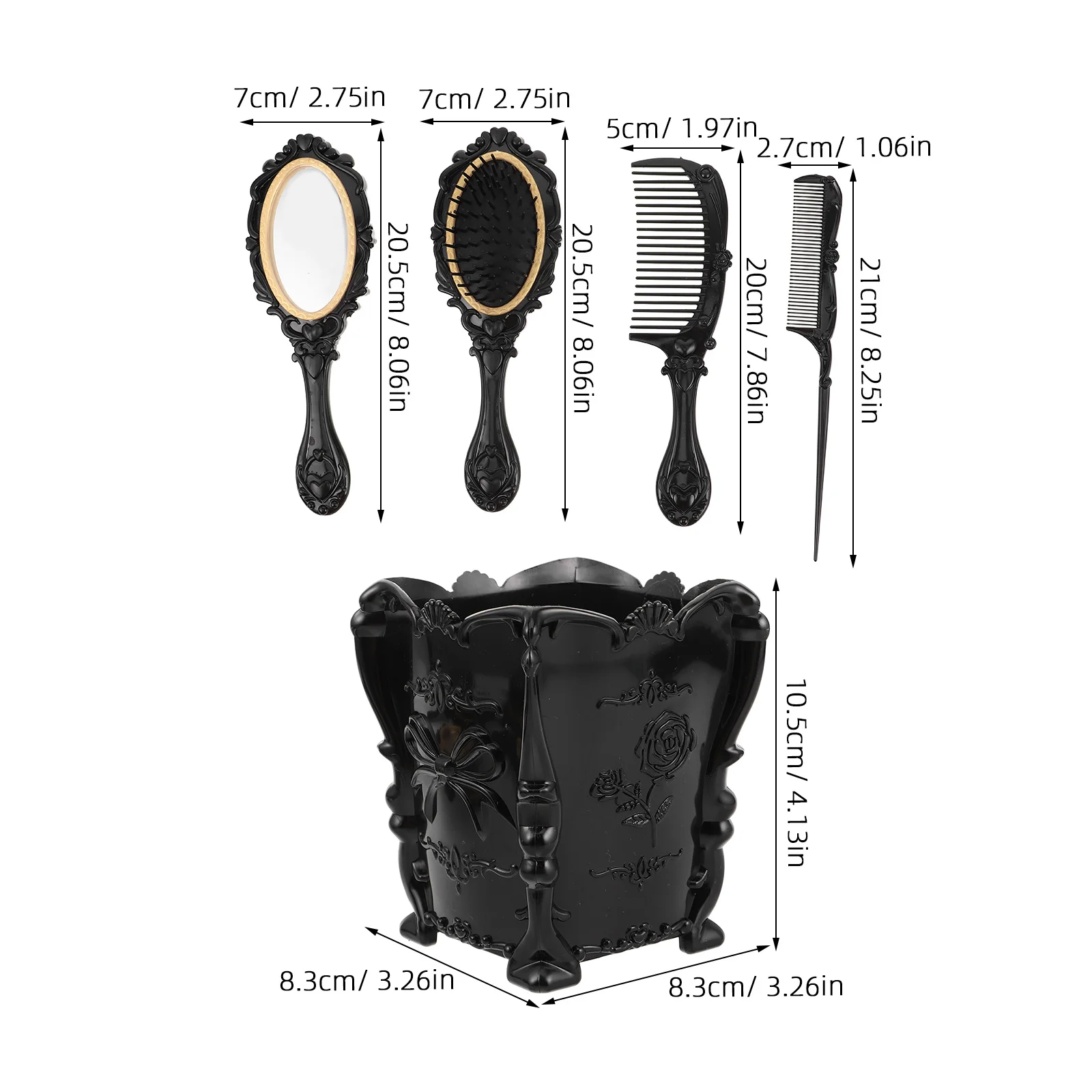 مجموعة مرآة مشط الشعر العتيقة، مشط ذو أسنان واسعة، منظف فرشاة الشعر، صندوق PVC أسود، أمشاط تصفيف محمولة للنساء أثناء السفر #4
