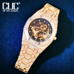 Men's Mechanical Watch Gold Color Full Rhinestones Fashion Stainless Steel Mesh Belt Watches Hip Hop Jewelry Relogio Masculino