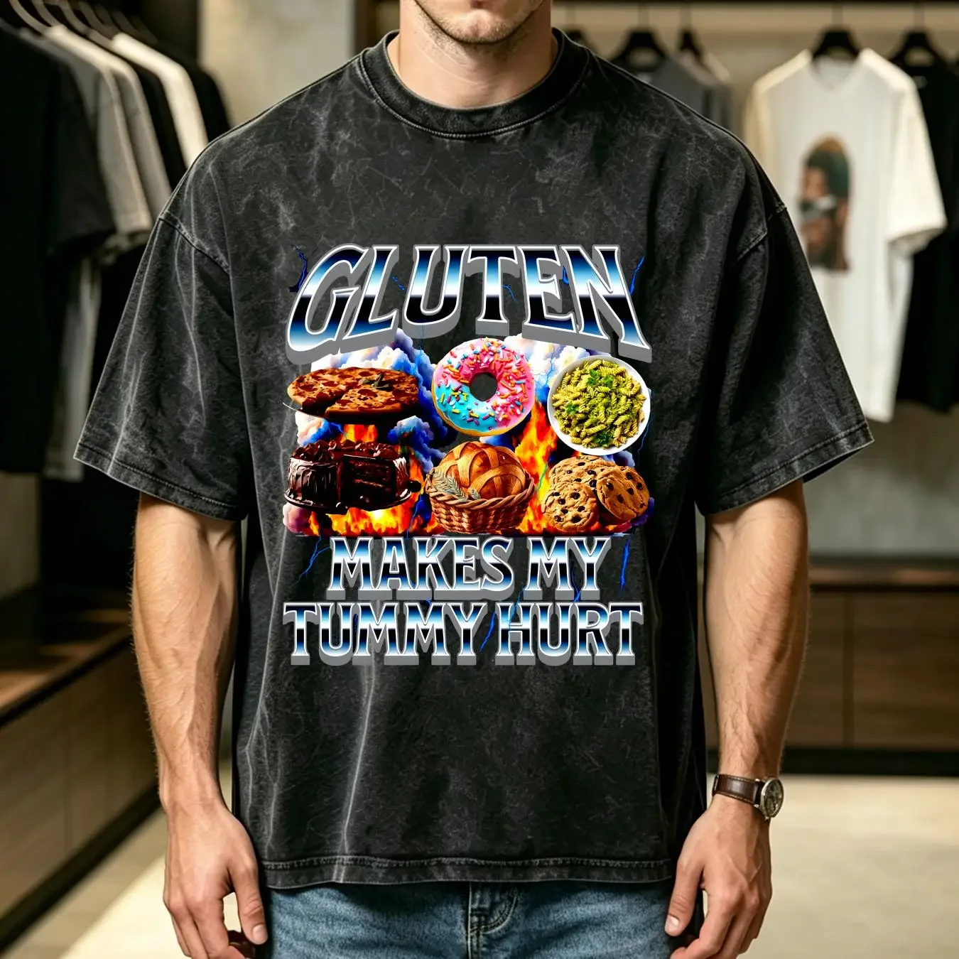 washed T Shirt Gluten Makes My Tummy Hurt Funny Meme Free Intolerant Hurts Stomach Ache long or short sleeves vintage Washed