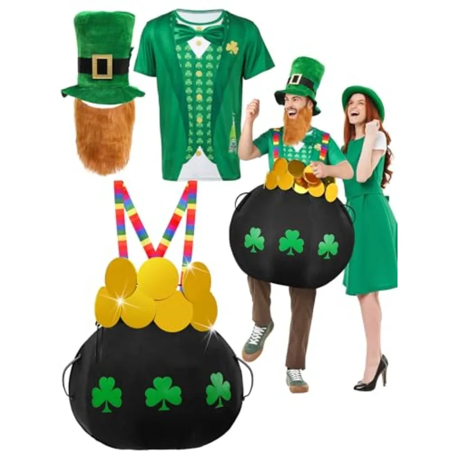 

Комплект из 4 предметов для костюма на День Святого Патрика: черный котел с радужными бретелями, золотыми монетами, зеленым клевером, футболка, шляпа, аксессуары для бороды