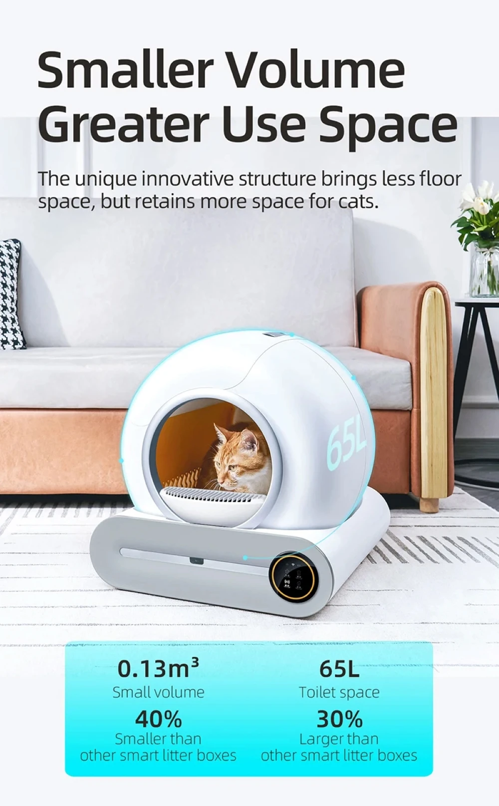 65L Large Space Silent Smart WiFi Box with 9L Trash Automatic Cleaning Fully Enclosed Electric Pet Toilet