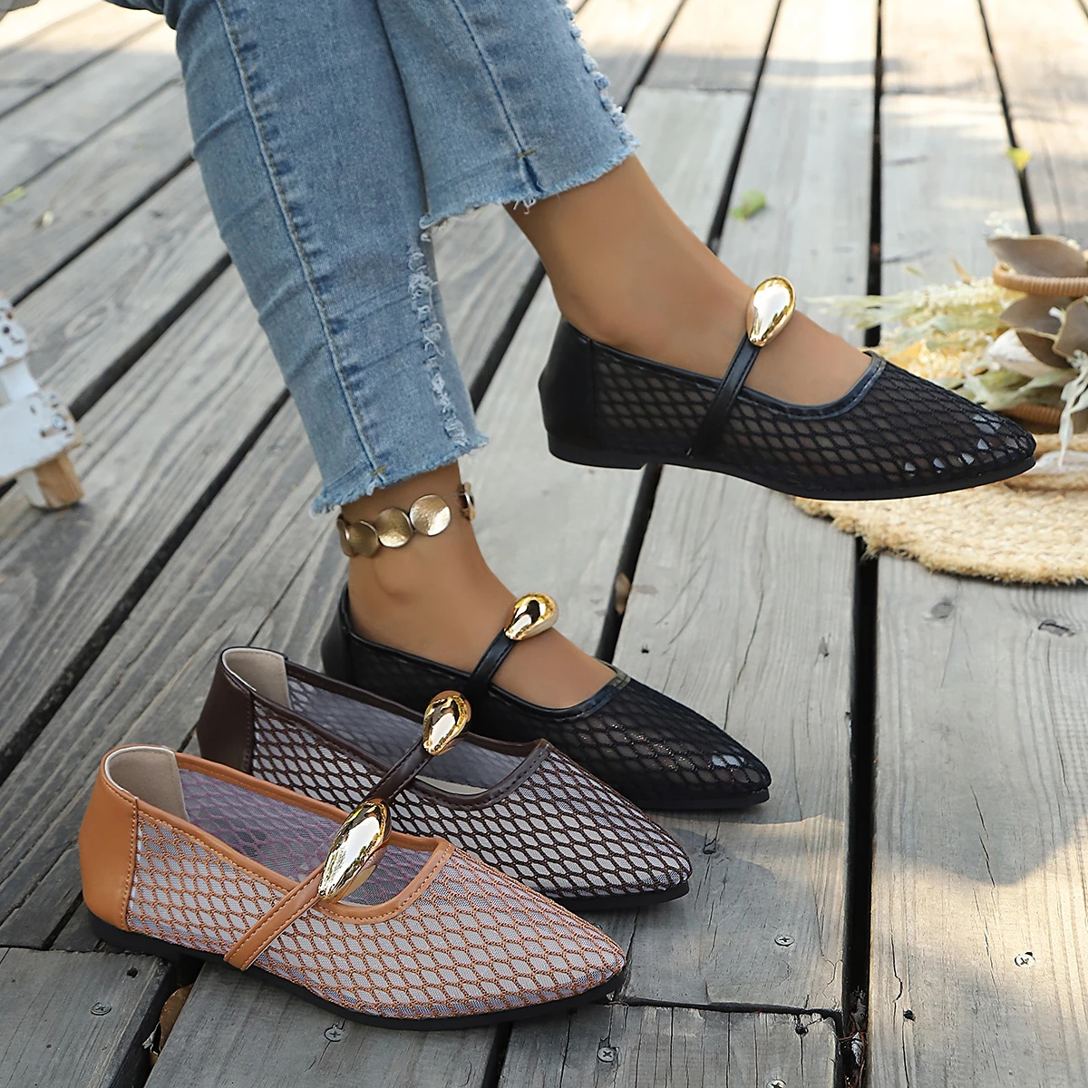 Mesh Black Ballet Shoes Female 2026 Summer New Flat Hollow Mesh Breathable Buckle Strap Single Shoes Fishnet Shoes Woman Sandals
