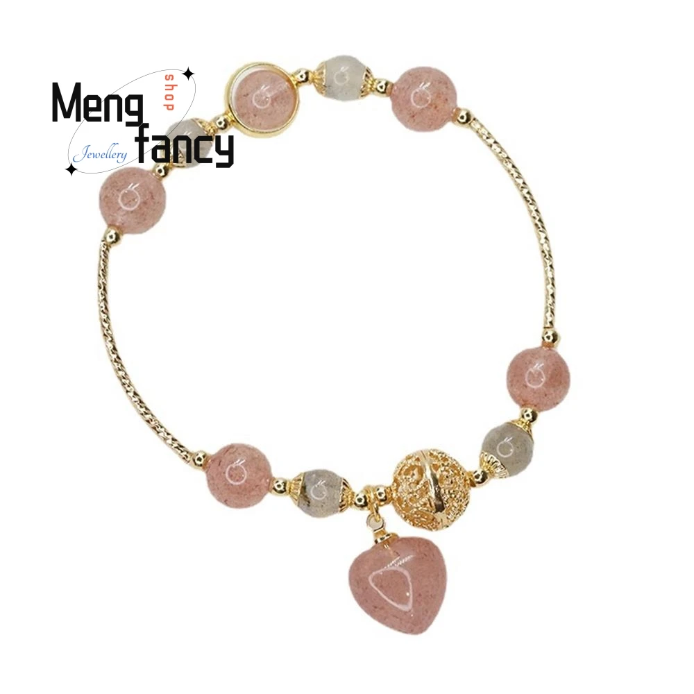 Pulseira de cristal morango natural feminina, estilo antigo, luar cinza, flor de pêssego, presente de namorada, joias fashion mão, nova