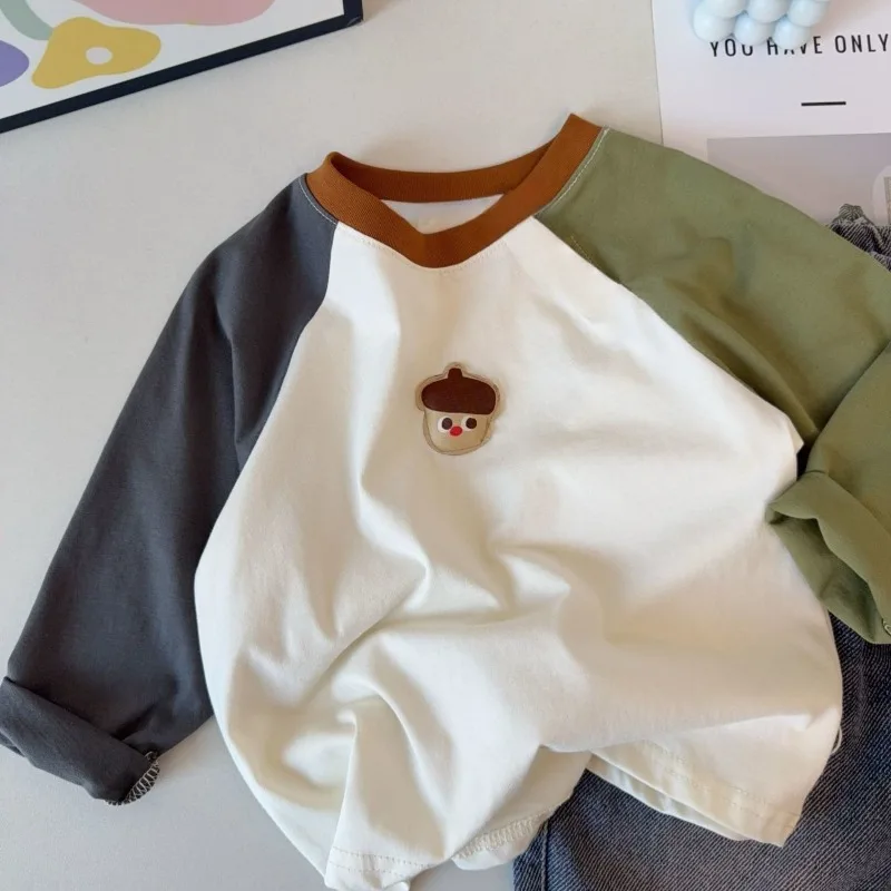 T-shirts d’automne pour enfants, en coton, avec imprimés de dessins animés, de style coréen, à manches longues, coupe ample, idéaux pour les garçons et les filles de 1 à 6 ans.
