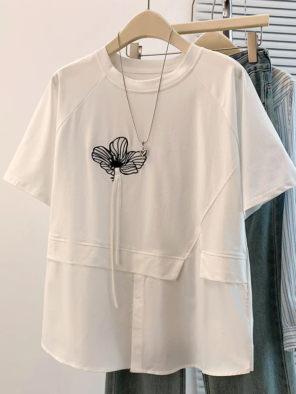

Summer New Women's Casual T-shirt Color Block Splicing Anti-Aging Large Size Short Sleeve Versatile Cotton Linen Blend