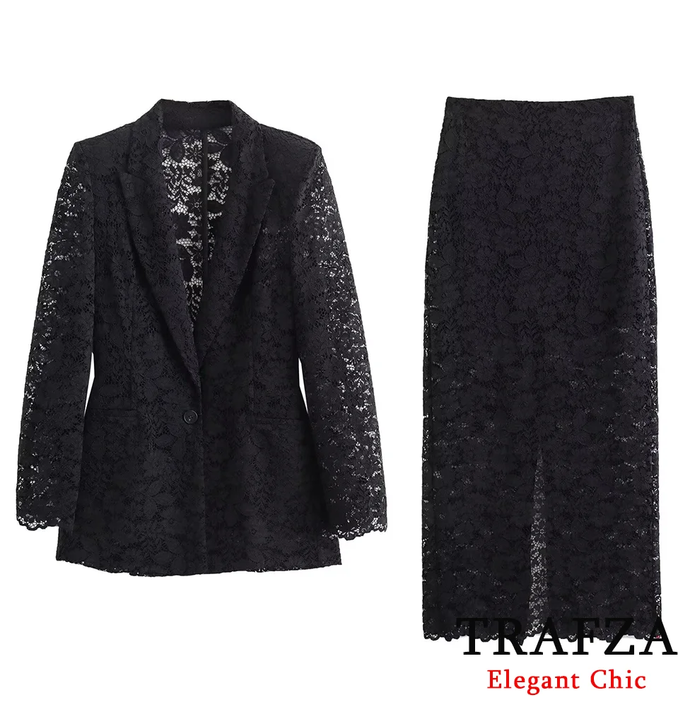 Trafza elegante luxo rendas recorte blazer terno feminino ombreiras blazer e fino ajuste envoltório hip vestido novo 2024 primavera jantar terno