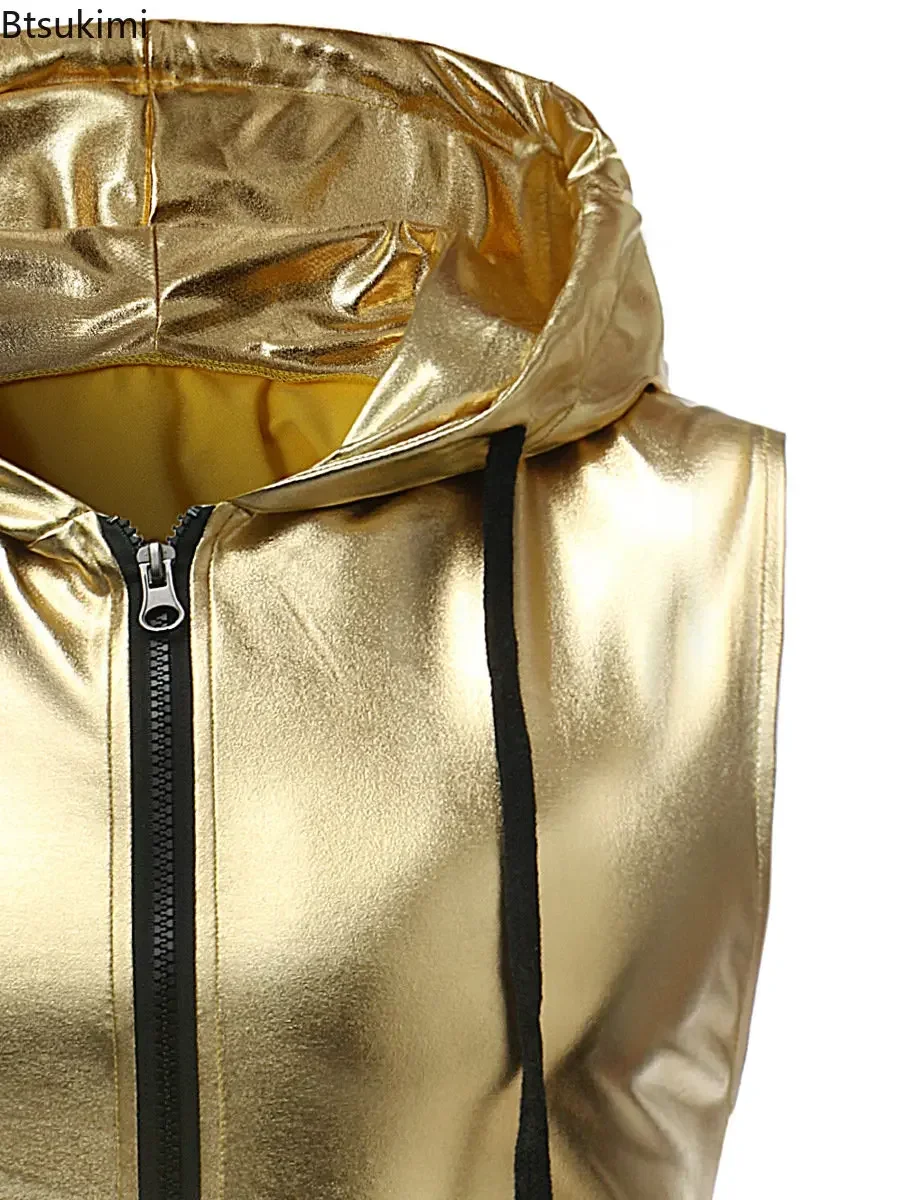 2025 Shiny Gold Coated Metallic Tank Top Men Fashion Hip Hop Sleeveless Hoodie Tank Men Nightclub Party Dance Zipper Tops Tee