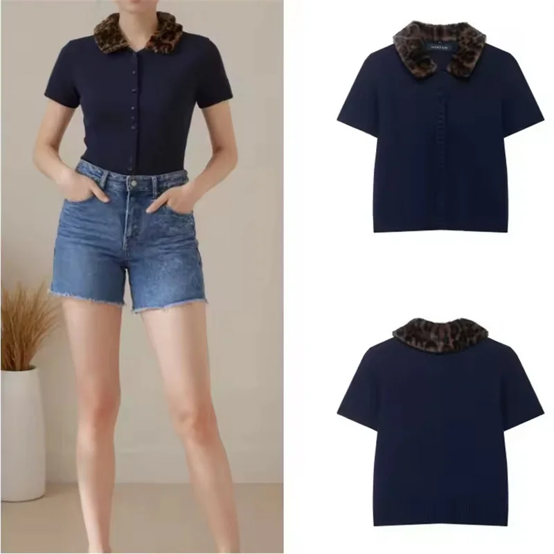 

2025 Autumn New Fashion Trend Luxury Streetwear Leopard Animal Print Knit Short Sleeve Jacket