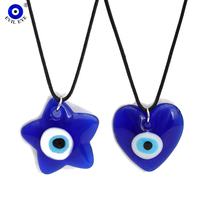 EVIL EYE Heart Star Round Pendant Necklace Long Leather Chain Glass Blue Turkish Evil Eye Necklace Jewelry for Women Men BE763