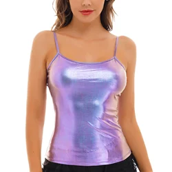 Women Shiny Metallic Yoga Dance Hip Hop Costume Patent Leather Spaghetti Shoulder Straps Sleeveless Vest Top Clubwear Tank Top