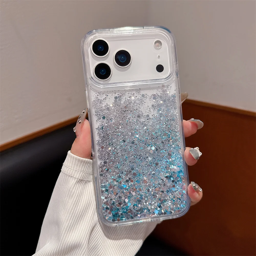 Funda Bling Quicksand para iPhone 17 16 Pro Max, carcasa brillante, plata, azul, lentejuelas móviles, Funda dura anticaída de silicona