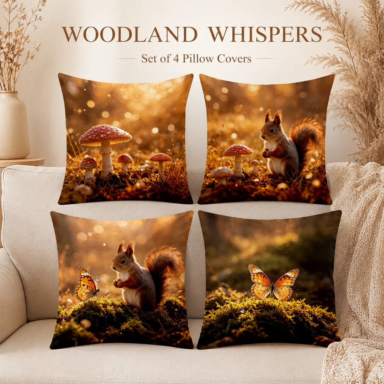 

4Pcs Aesthetic Forest Animal Pillowcase Peach Skin 2D Flat Printed Butterfly Cushion Covers Coussin Room Decor Gift Idea