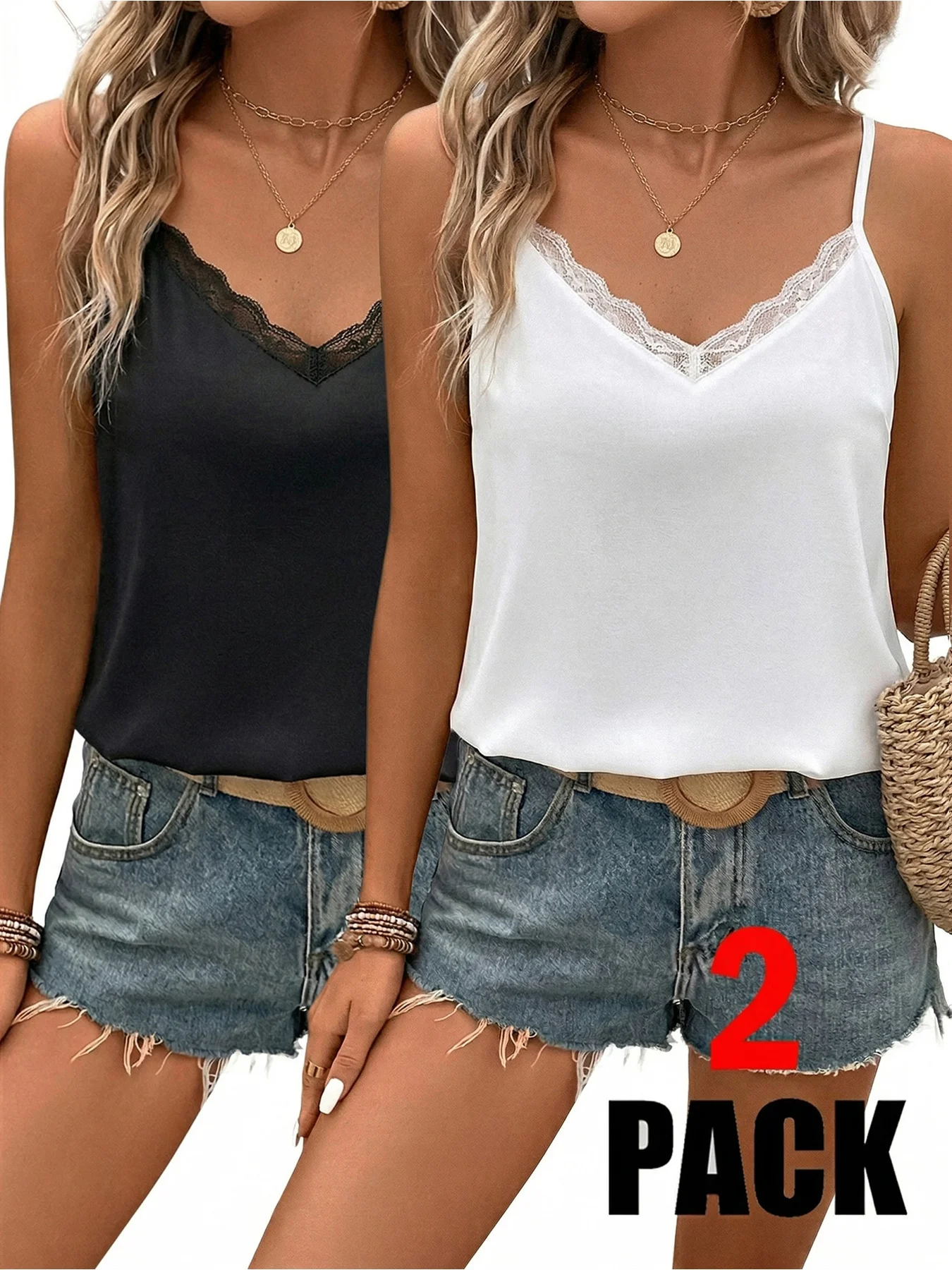 Summer Plus Size Women's Camisole Vest Two-Piece Set Lace V-Neck Versatile Top Black White image 2