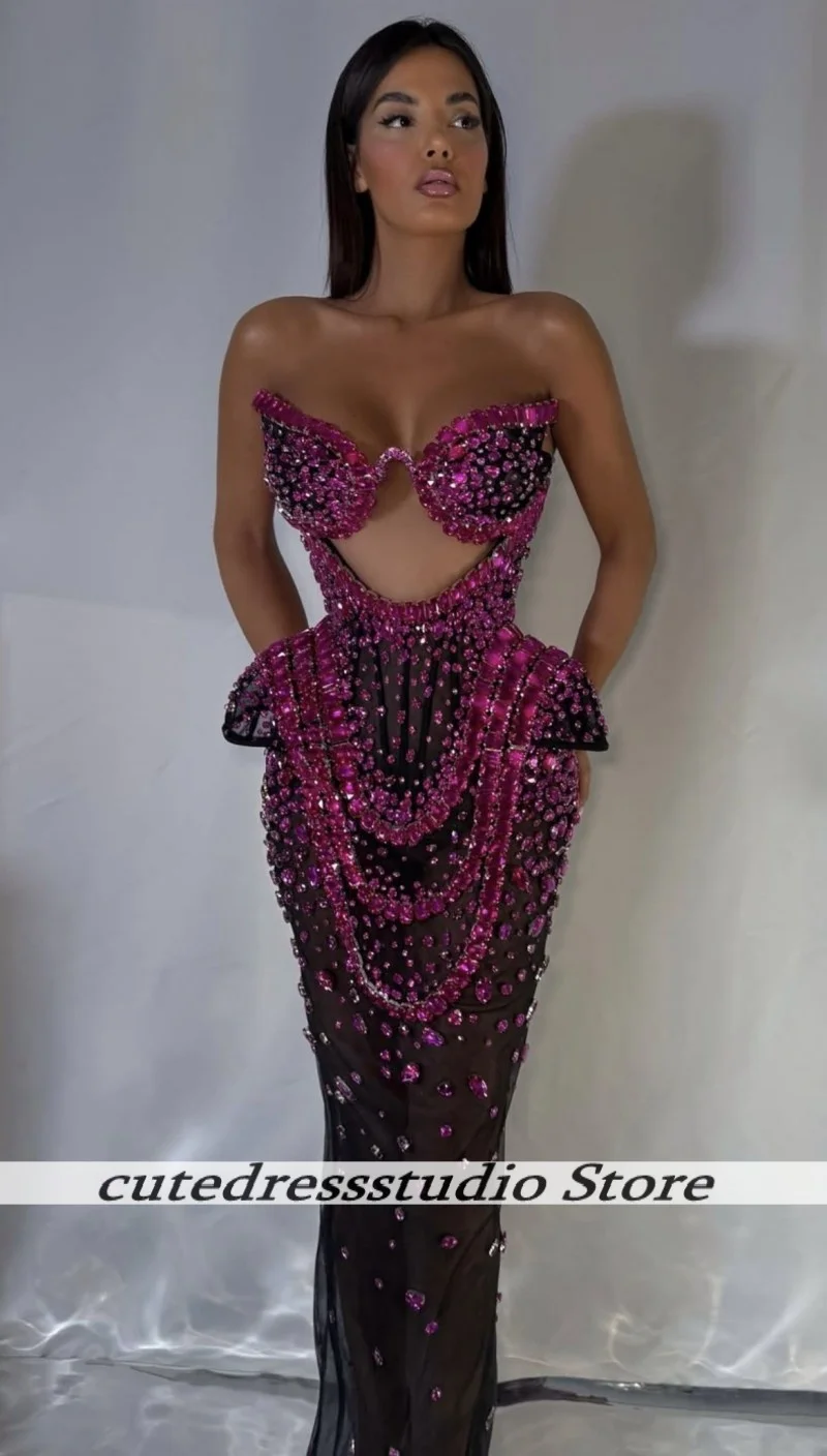 فساتين سهرة أنيقة بدون أكمام حورية البحر للنساء فستان حفلة موسيقية فاخر بكريستال أرجواني مجوف رداء حفلات المشاهير حسب الطلب