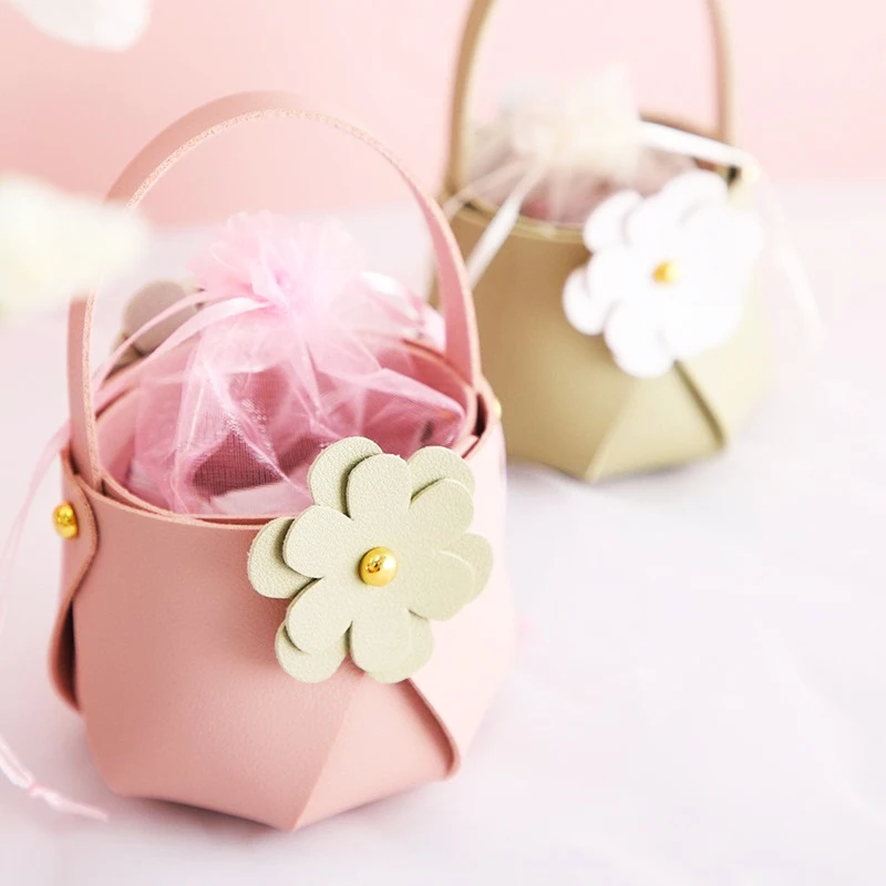 1PCS Creative Small Flower Leather Hand-Held Candy Basket Bag Holiday Wedding Exquisite Cute Small Gift Box With Yarn Bag