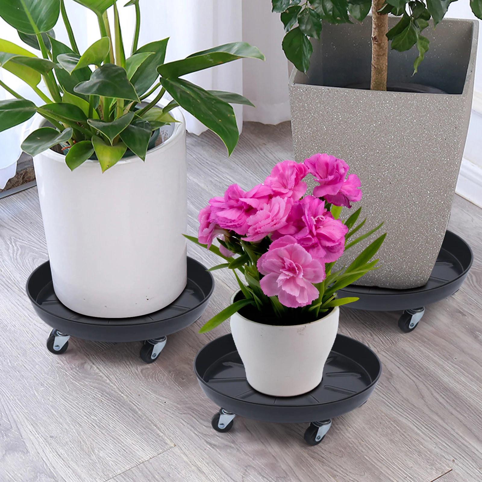 

3Pcs Plant Pot Caddy with 360° Black Iron Wheels, Round Movable Plant Tray Rolling Stand, Indoor Outdoor Garden Decor