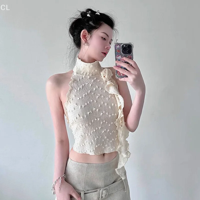 

Japanese And Korean Style Leisure Fashionable Sweet Summer Sexy High Collar Three-Dimensional Flower Slim Sleeveless Vest