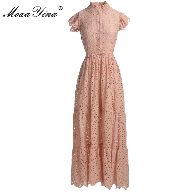 

MoaaYina Fashion Designer dress Summer Women's Dress Stand collar Single breasted Hollow out Solid Vacation Vintage Dresses