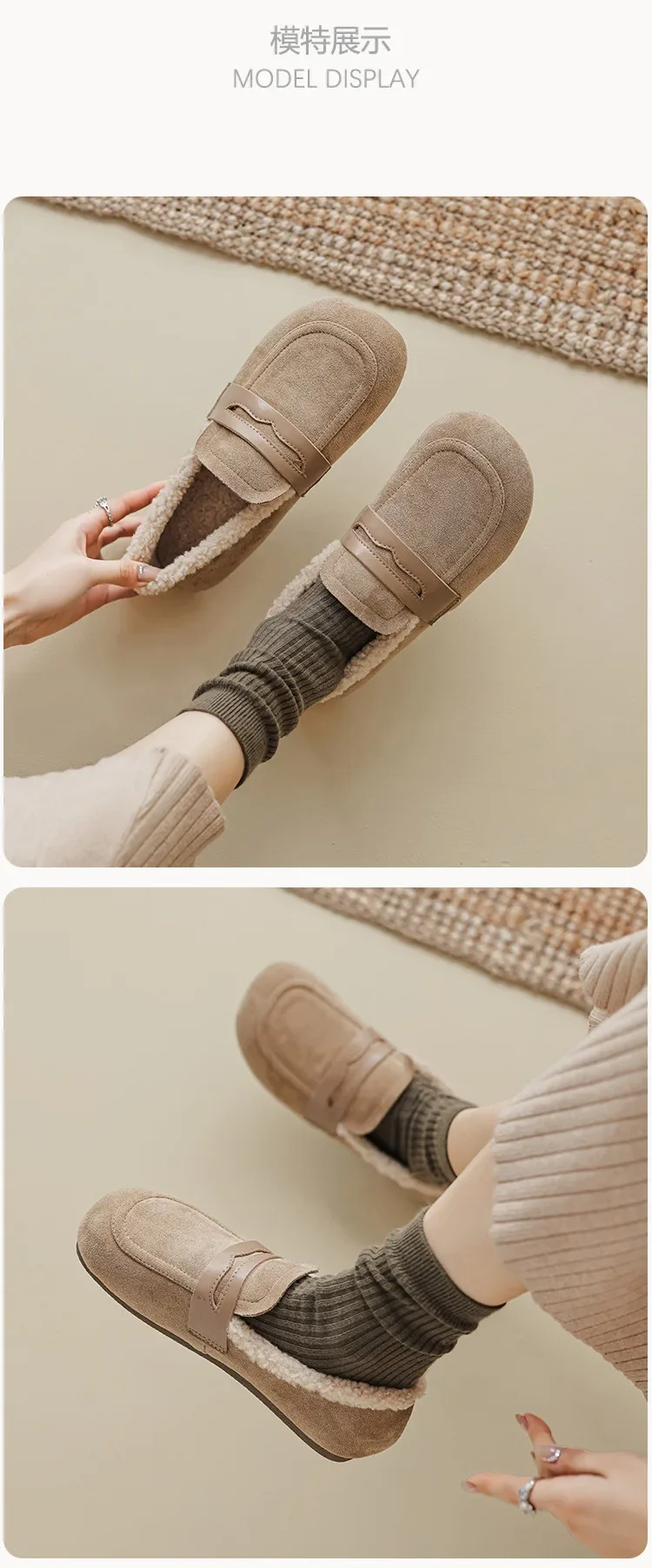 Lässige Flache Schuhe aus Lammwolle für Damen, Schuhe mit Obermaterial aus Flock, Winter-Loafer mit breiter, quadratischer Zehenpartie, Pelz-Mokasins für Damen, mit Baumwollfutter, Schafsfell-Stiefel – Detail 5