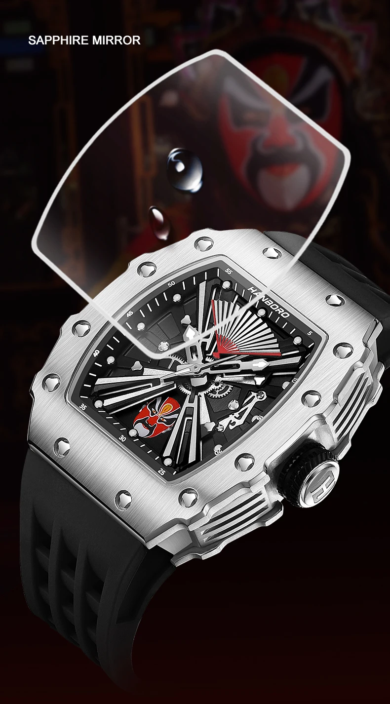 HANBORO orologio automatico da uomo 50.5mm orologio da polso meccanico di lusso cassa Tonneau luminosa 50M impermeabile 6 cambio trucco facciale
