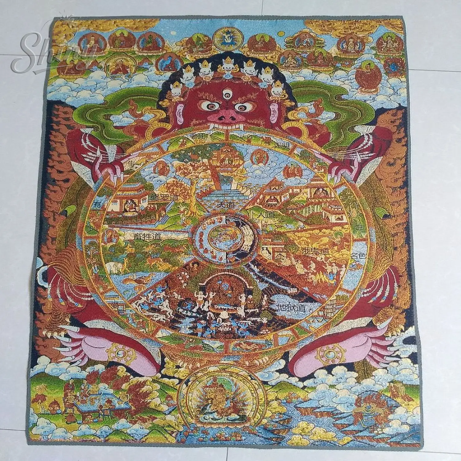 

35.4″ Six Realms of Rebirth Brocade Tibetan Tangka Embroidery Painting Gold Thread Embroidery Decorative Hanging Pictures