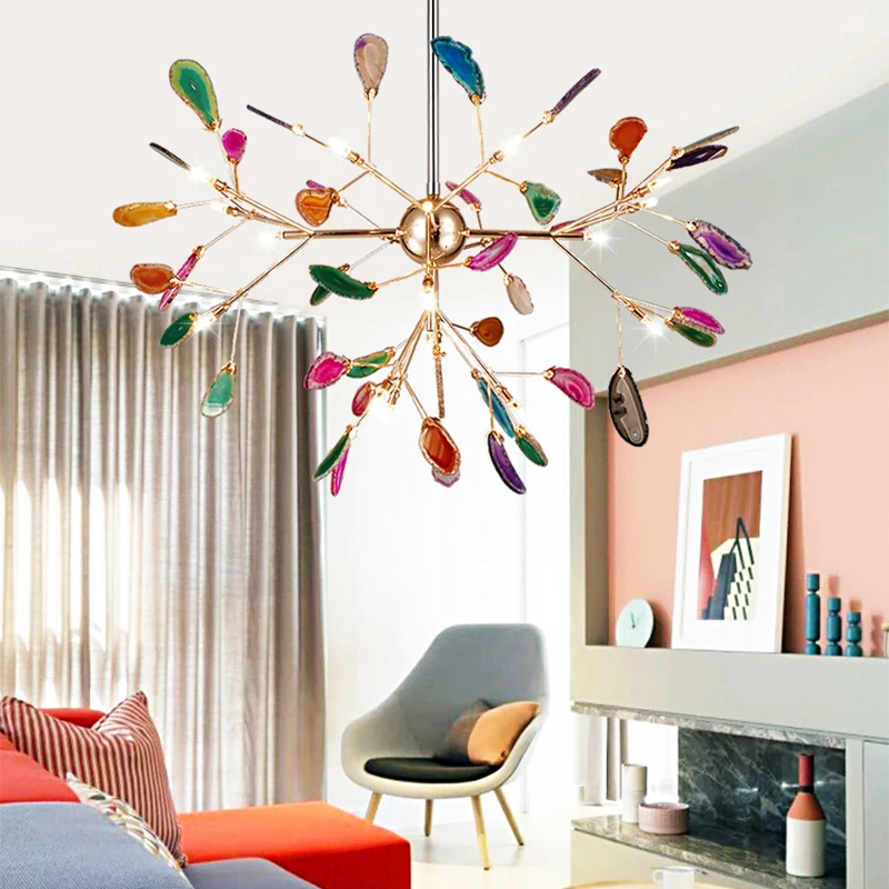 LED Modern Suspension Nodic Style Multicolor Agate Chandelier Newest Design Hanging Lamp Home Decor Living Room Dining Room