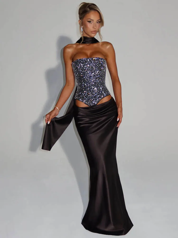 Mozision Sequins Sexy Dress Set Women Sparkle Scarf Collar Crop Tops And Maxi Skirt Elegant Club Party Satin Skirt Matching Set