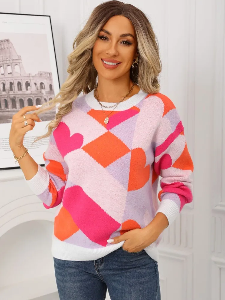 Herfst Vrouwen O-hals Ruches Trui Lange Mouw Gebreide Dieptepunt Valentijnsdag Afdrukken Truien Vrouwen Casual Trui Winter