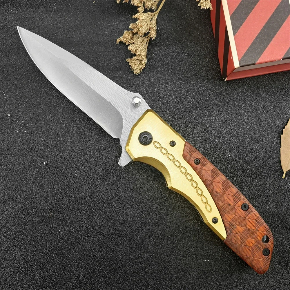 Outdoor Pocket Folding Knife DA77, 5Cr13Mov Blade Brass + Wooden Handle, EDC Camping Survival Hunting Knife Rescue Tool