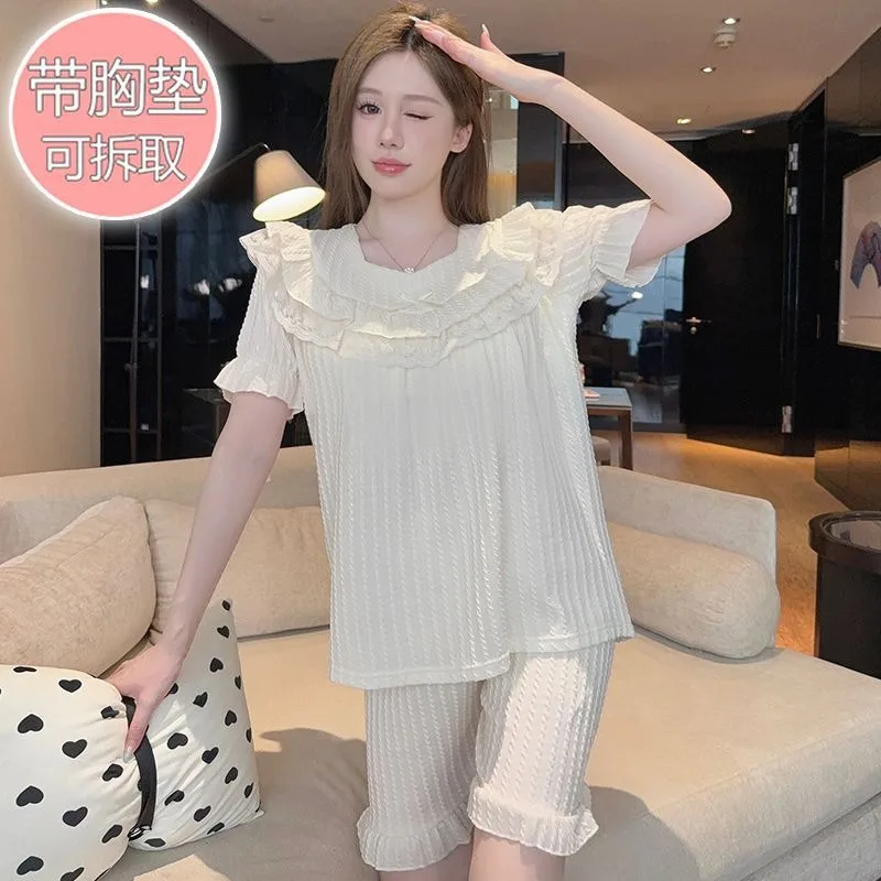 5XL Plus Size Princess Style Pajamas Women's Summer with Chest Pads Cotton Short-sleeved Shorts Loungewear Can Be Worn Outside