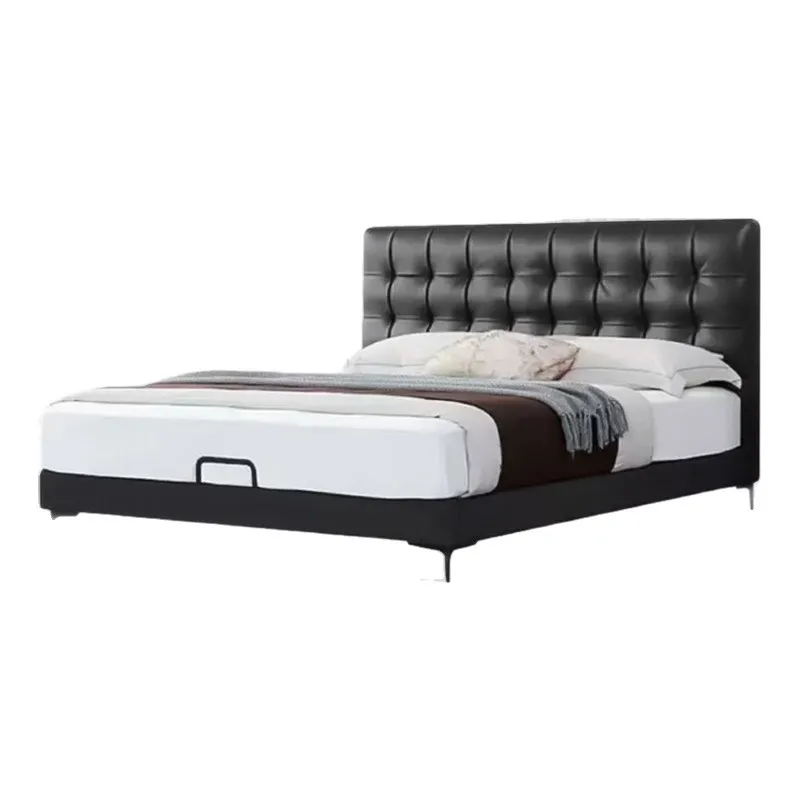 

Waffle leather bed, simple master bedroom small apartment, double bed, French retro style