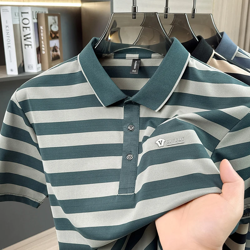 

Luxury brand men's short sleeve polo shirt new fashion striped color blocked letter embossed casual breathable summer T-shirt