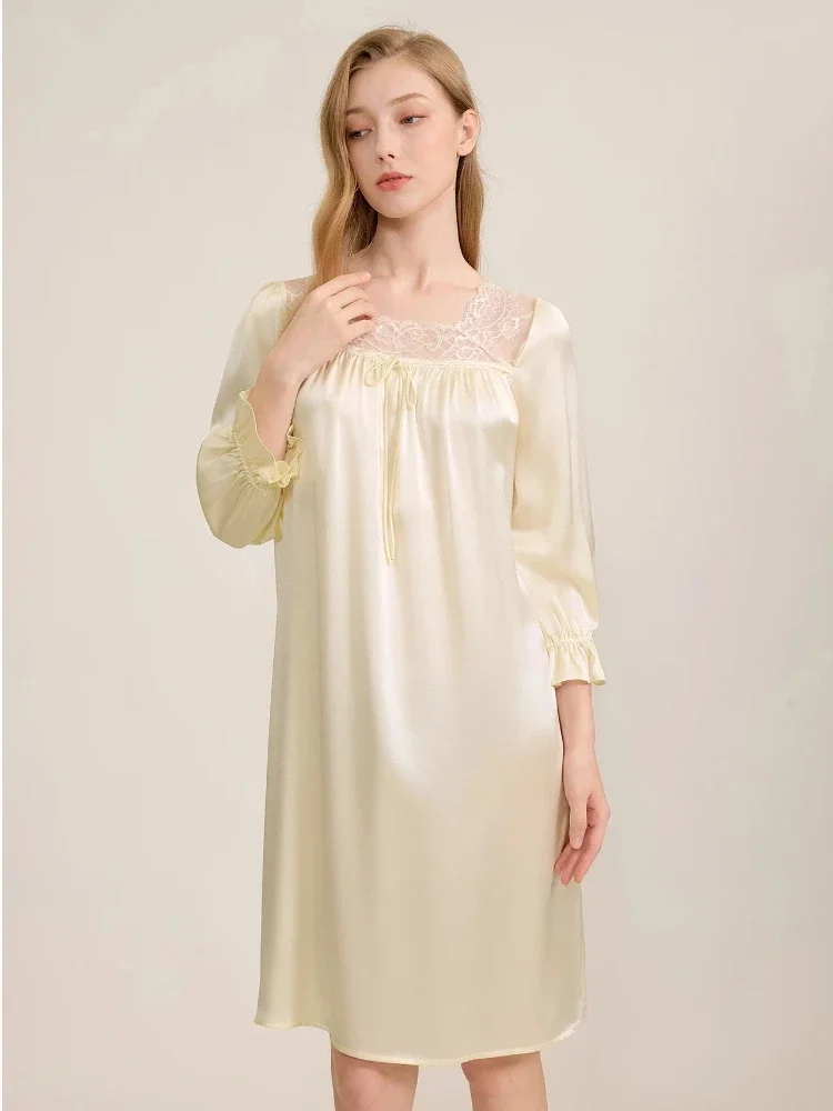 

French Palace Style Long Silk Nightgown 100% Mulberry Silk Women's Sleepwear Long Sleeve Loose Fit Nightdress Luxury Loungewear